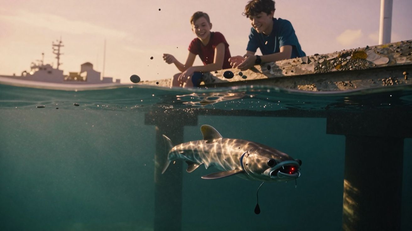 Dois rapazes lançam pedras para a água onde um peixe robótico nada perto de um cais.