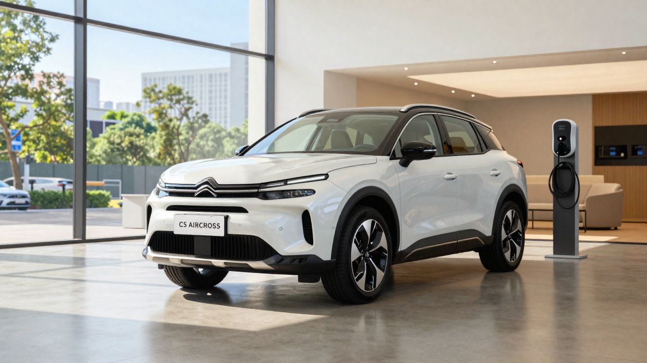 Carro elétrico branco Citroën C5 Aircross estacionado em showroom moderno com posto de carregamento.