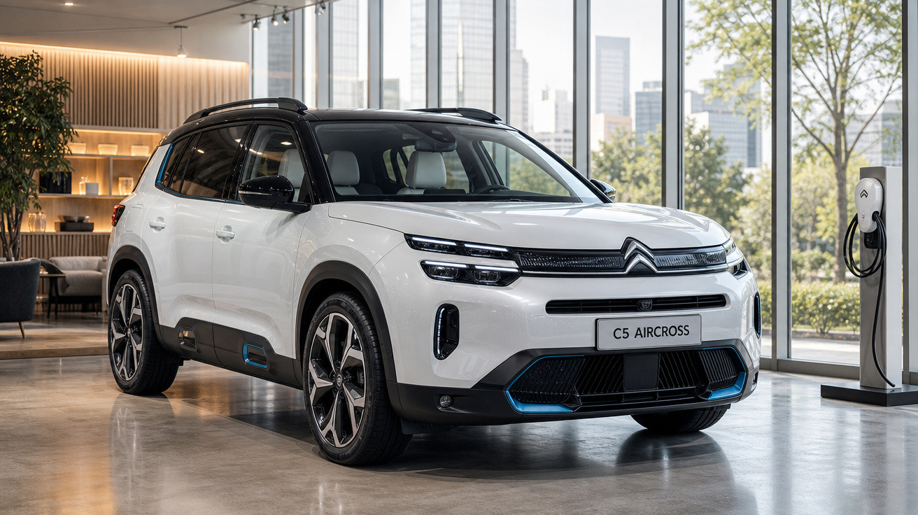 Carro elétrico Citroën C5 Aircross branco em ambiente interior moderno com carregador elétrico.