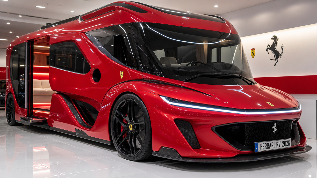 Autocaravana Ferrari vermelha futurista com design aerodinâmico e interiores luxuosos visíveis pela porta aberta.