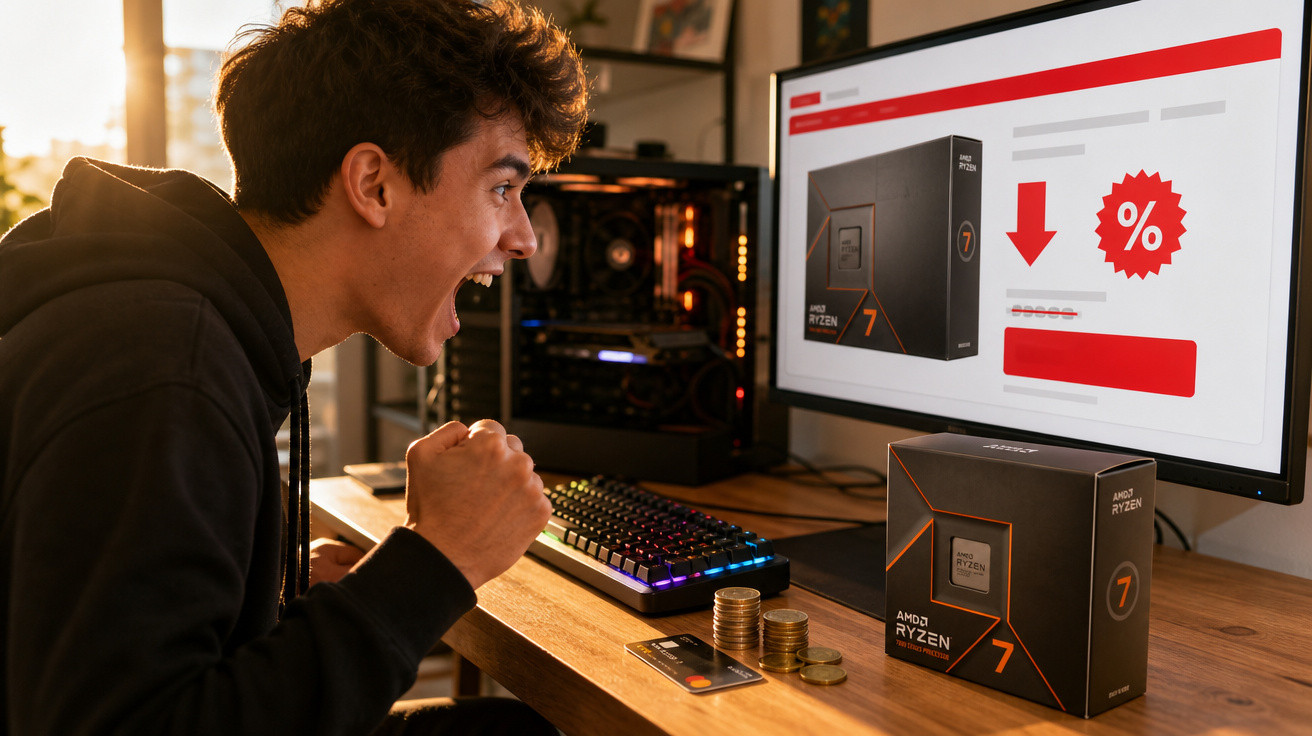 Jovem entusiasmado a celebrar desconto na compra de processador AMD Ryzen 7 no computador.