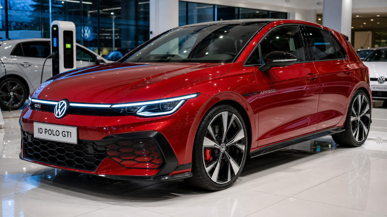 Carro desportivo vermelho Volkswagen ID Polo GTI estacionado em salão automóvel moderno.
