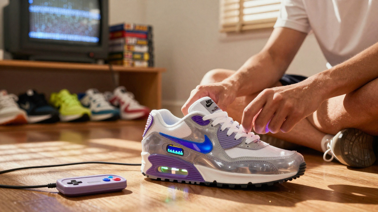 Pessoa sentada no chão a amarrar ténis Nike Air Max com luzes LED ao lado de um comando de jogo retro.
