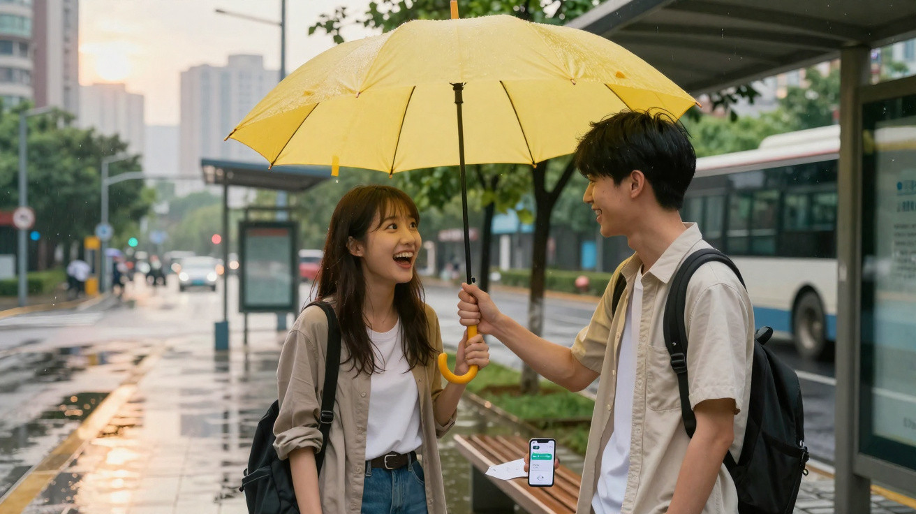 Jovem casal sorridente partilha um guarda-chuva amarelo numa paragem de autocarro numa rua chuvosa.