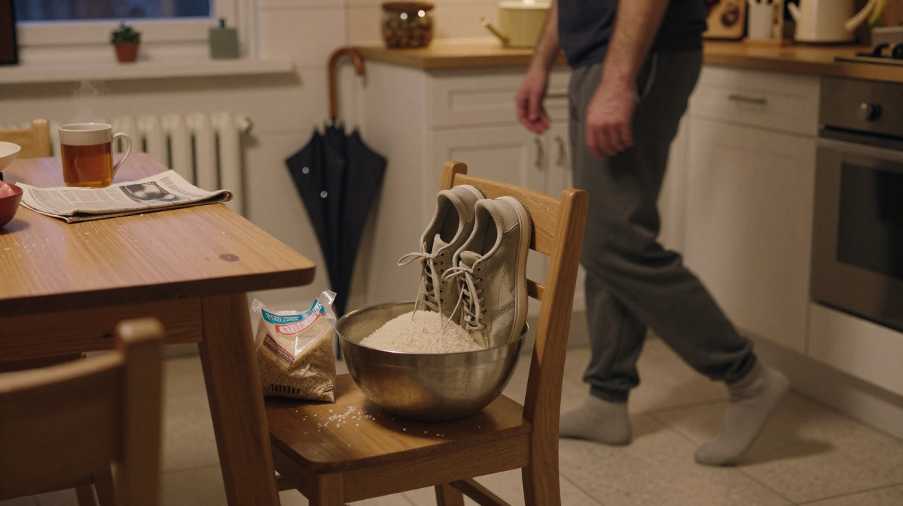 Ténis dentro de uma taça com farinha em cima de uma cadeira numa cozinha, homem de pés descalços ao fundo.