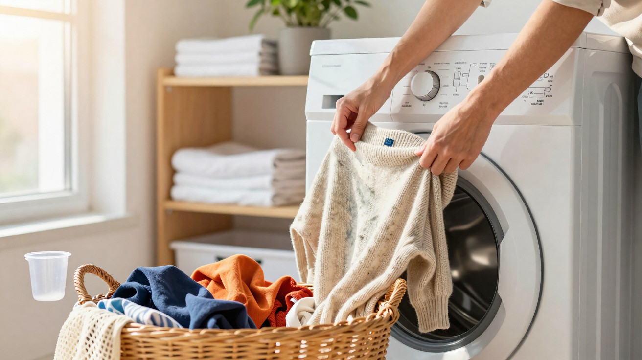 Pessoa a retirar suéter sujo de máquina de lavar roupa num ambiente luminoso e organizado.