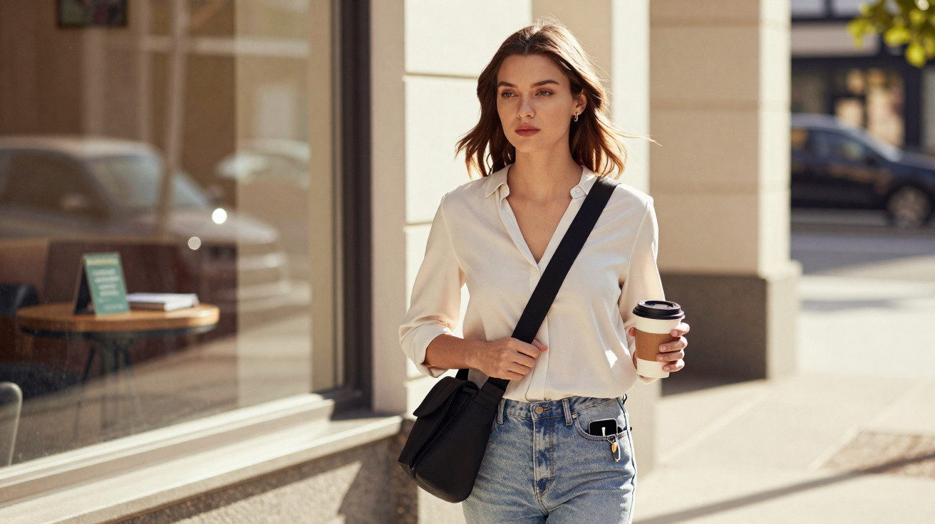 Mulher jovem a andar na rua com camisa branca, jeans, bolsa preta e a segurar um copo de café takeaway.