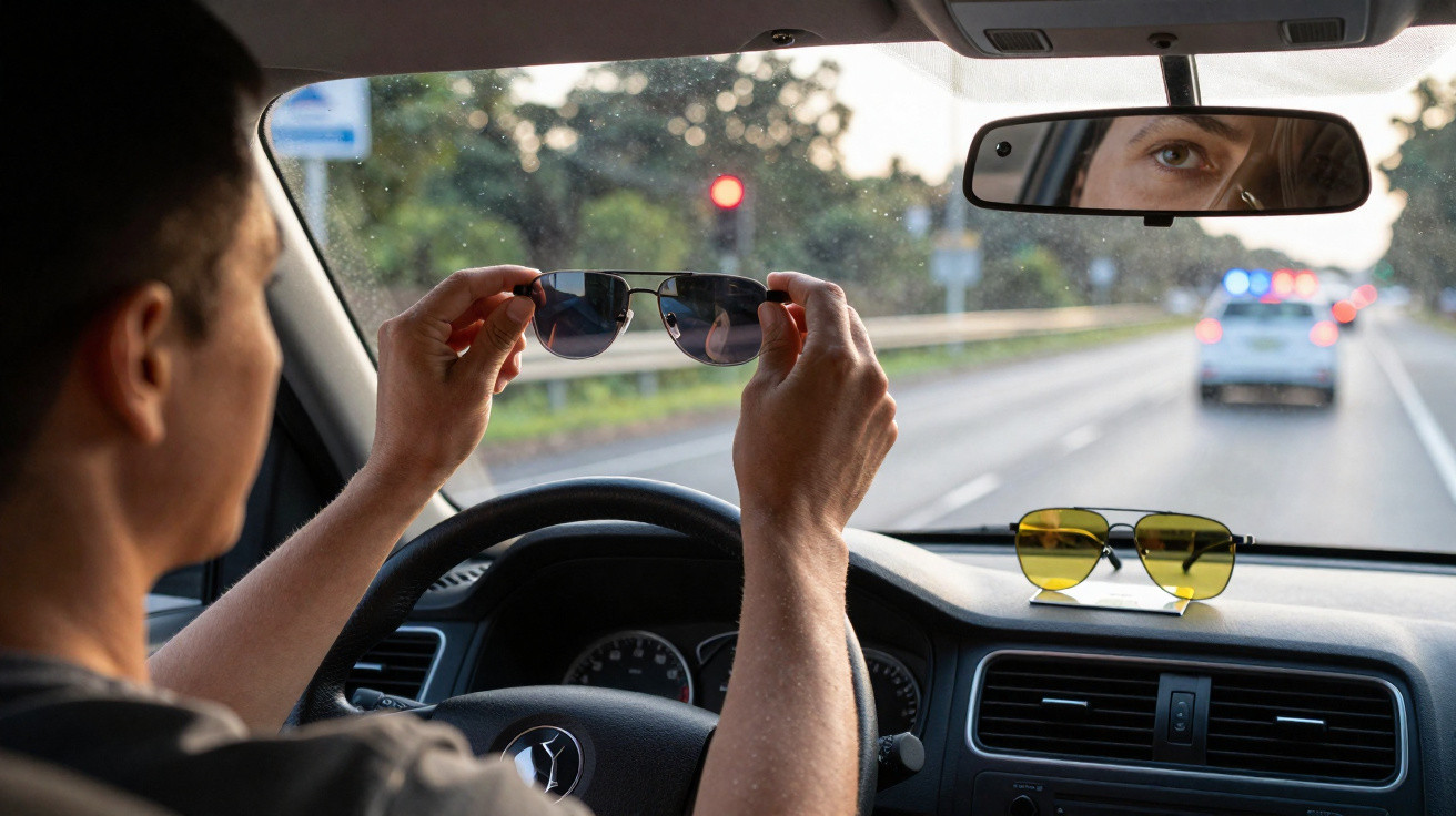 Homem no carro segura óculos de sol enquanto olha no espelho retrovisor, com trânsito à frente.