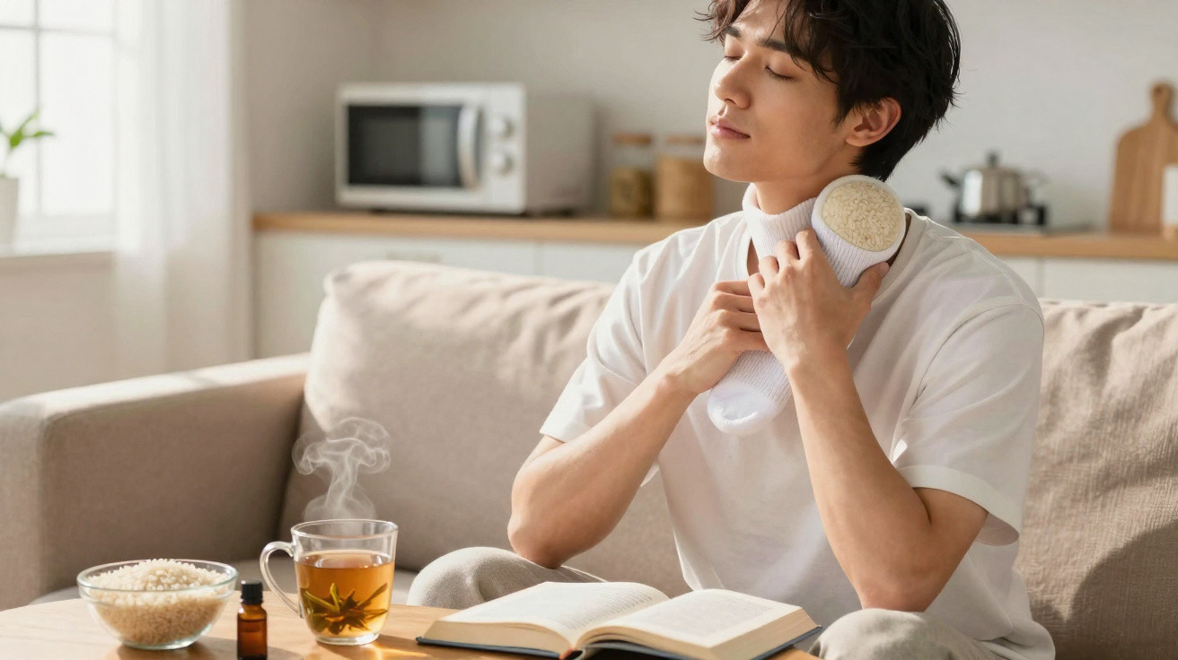 Homem a relaxar no sofá usando uma almofada de massagem no pescoço, com chá e livro numa mesa à frente.