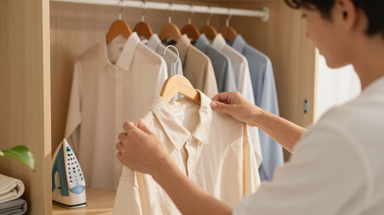 Pessoa a pegar uma camisa branca pendurada num cabide num armário bem organizado com várias camisas.
