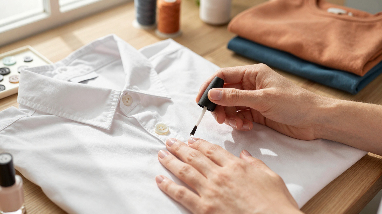Pessoa a aplicar verniz transparente nas unhas sobre uma camisa branca numa mesa de madeira.