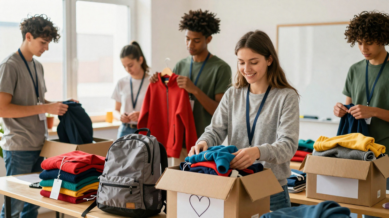 Grupo de jovens organizam roupas para doação em caixas em ambiente claro e informal.
