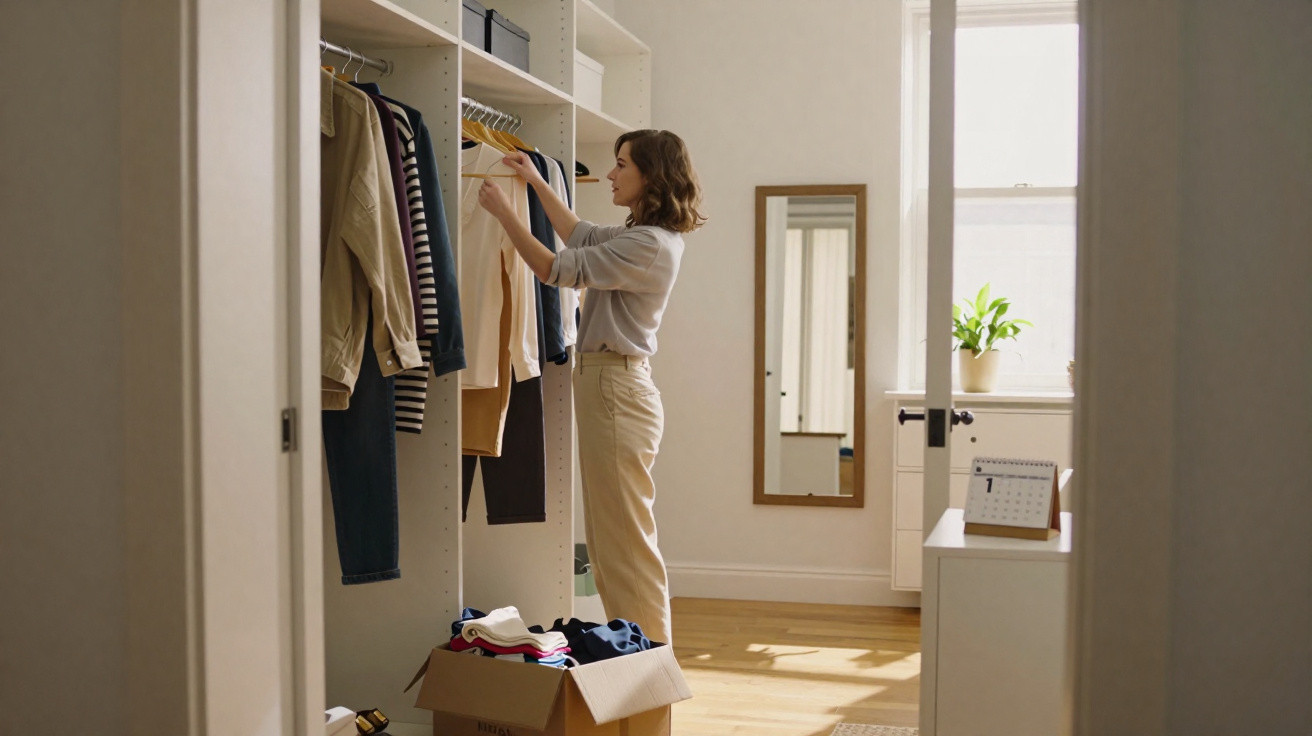 Mulher a organizar roupa no armário num quarto claro com espelho e caixote no chão.