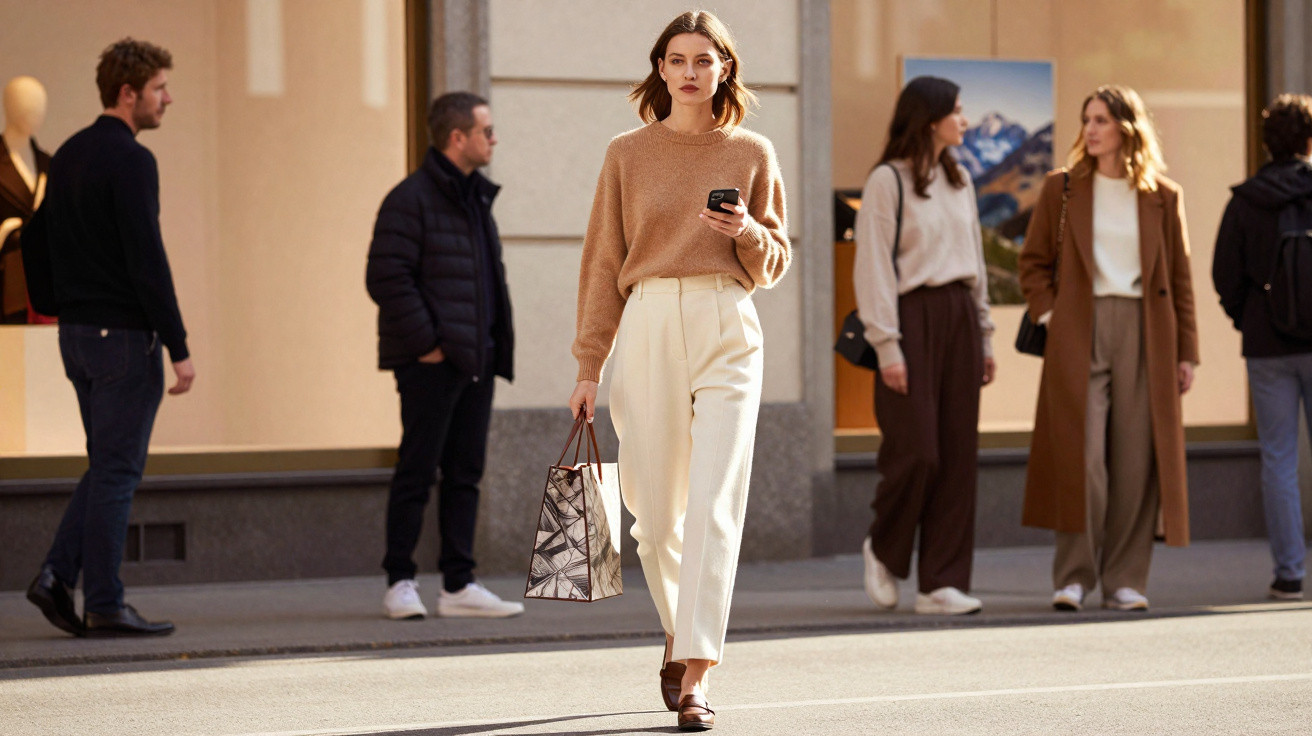 Mulher vestida casualmente com camisola castanha e calças claras a caminhar na rua a usar telemóvel.