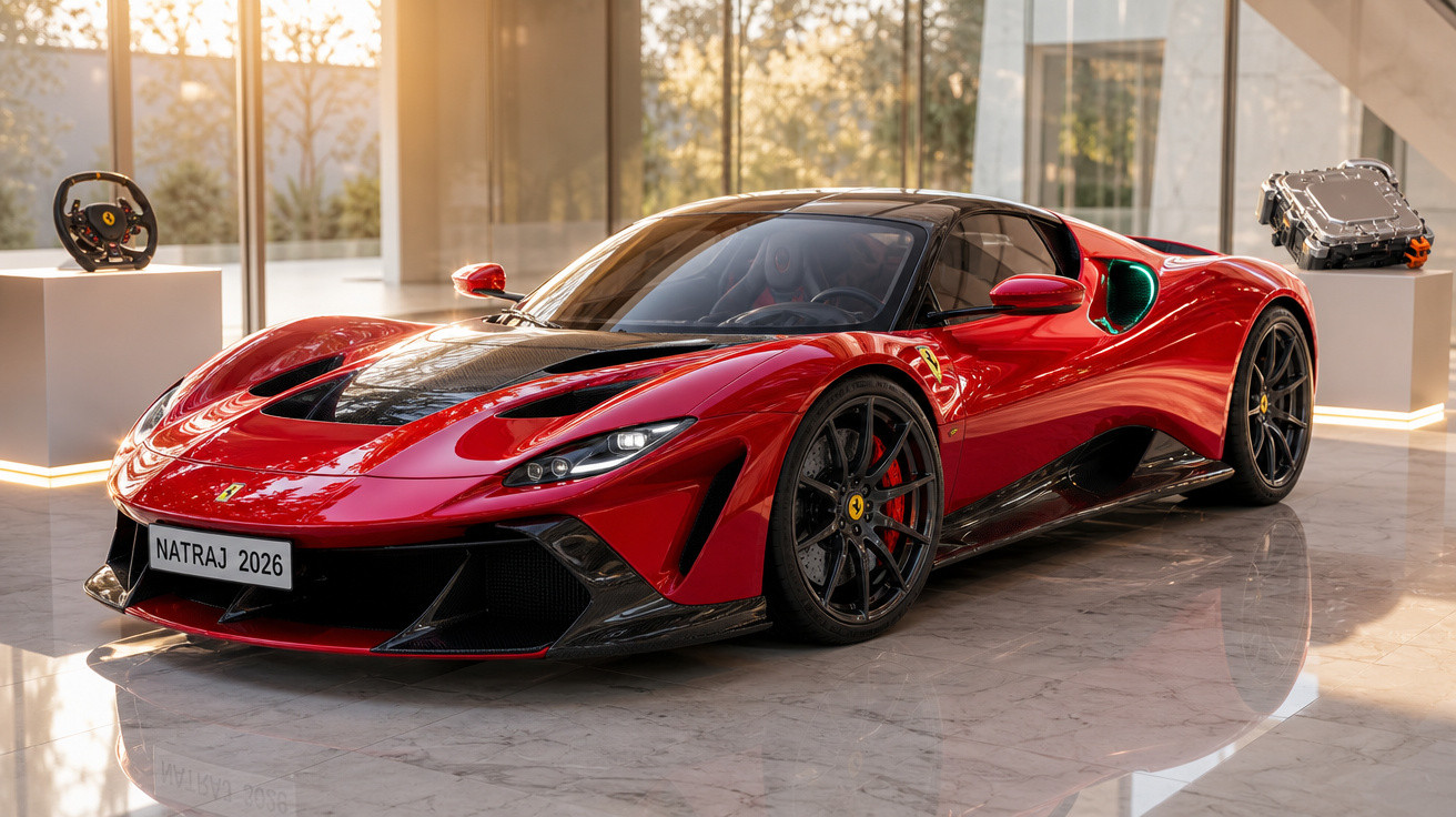 Supercarro desportivo vermelho com pormenores em preto num salão moderno com luz natural.