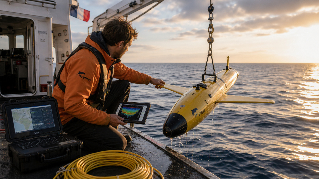 Homem a recolher drone subaquático amarelo do mar num barco ao pôr do sol com equipamento tecnológico.