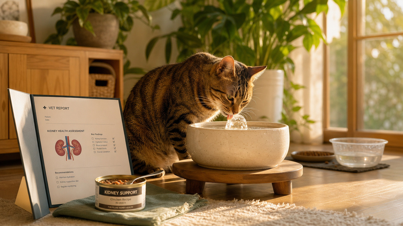 Gato tigrado a beber água numa fonte, ao lado de alimento e relatório veterinário sobre saúde dos rins.