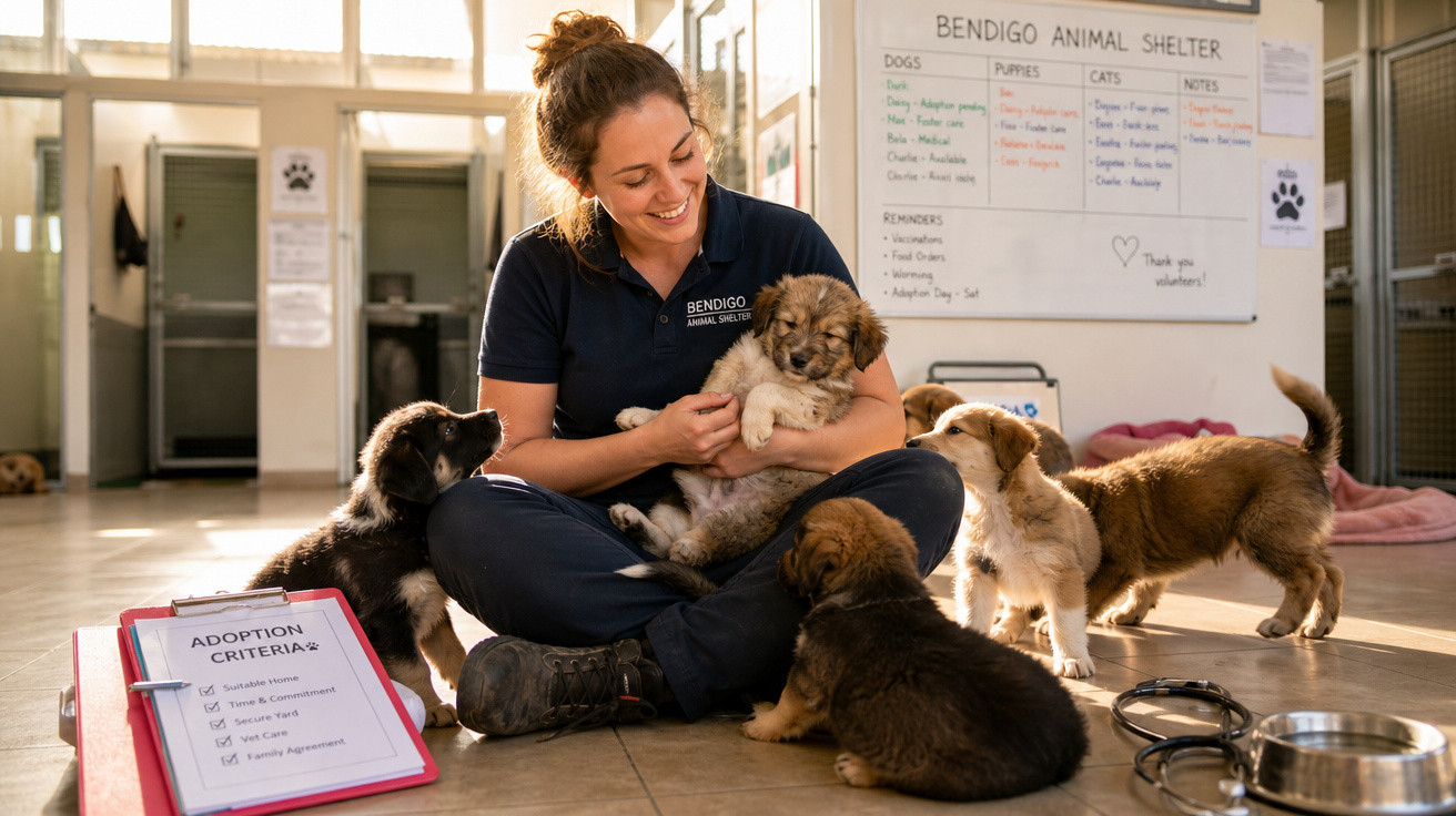 Voluntária sorridente segurando um cachorro ao colo rodeada por quatro cachorros num abrigo de animais.