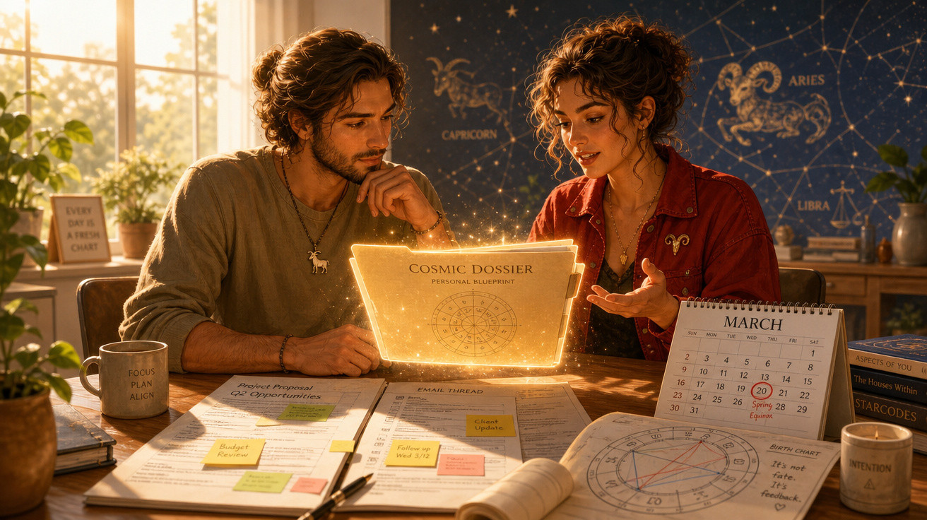 Casal a analisar um dossiê cósmico luminoso numa mesa com mapas astrais e calendários.