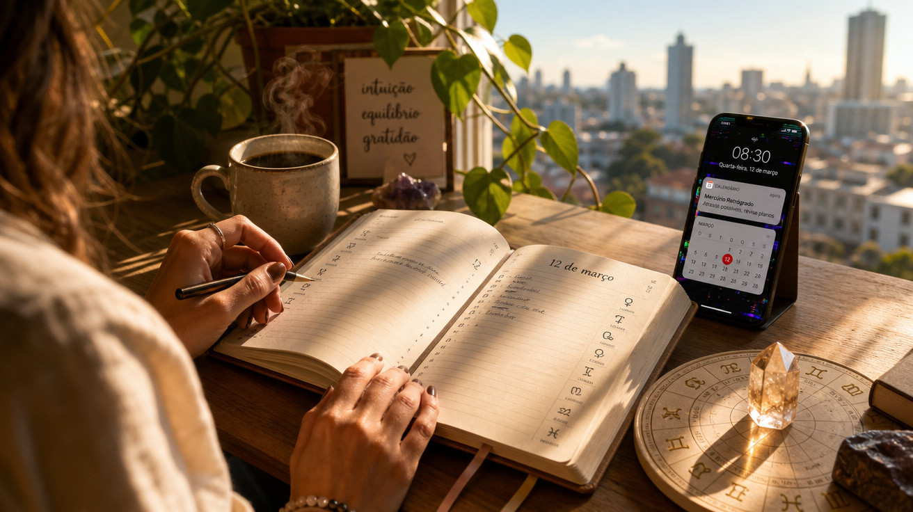 Pessoa a escrever num diário com chá, cristal, telemóvel e vista para a cidade ao fundo, em ambiente acolhedor.