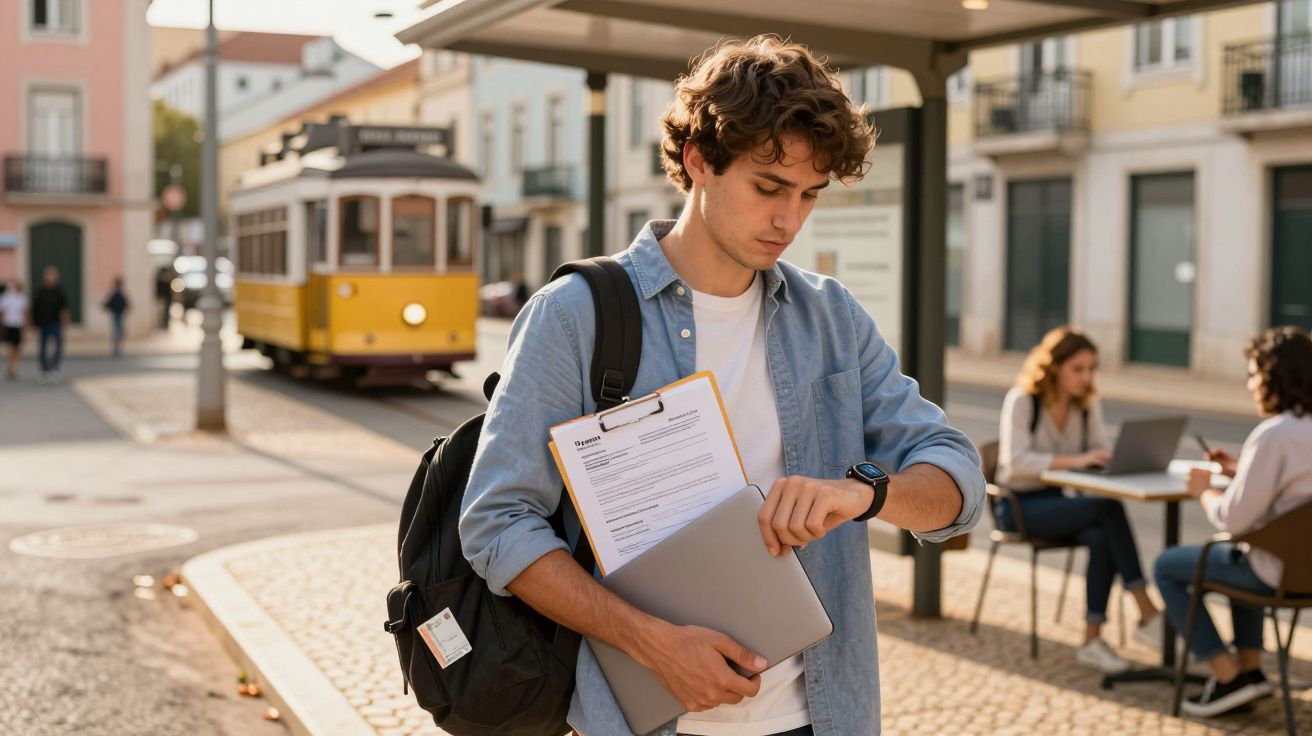 Jovem com mochila, segurando laptop e documento, consulta relógio numa paragem de elétrico em cidade.