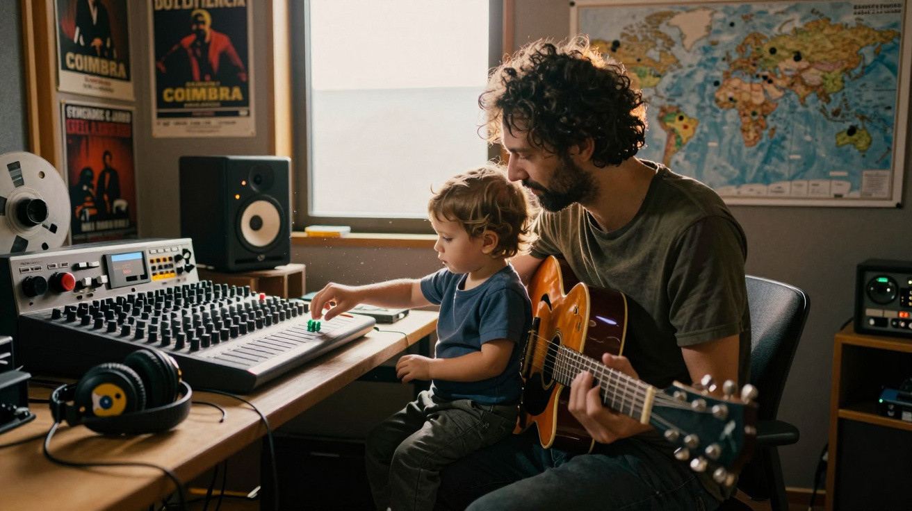 Pai e filho estão numa sala com equipamento musical, o pai toca guitarra e o filho mexe num sintetizador.
