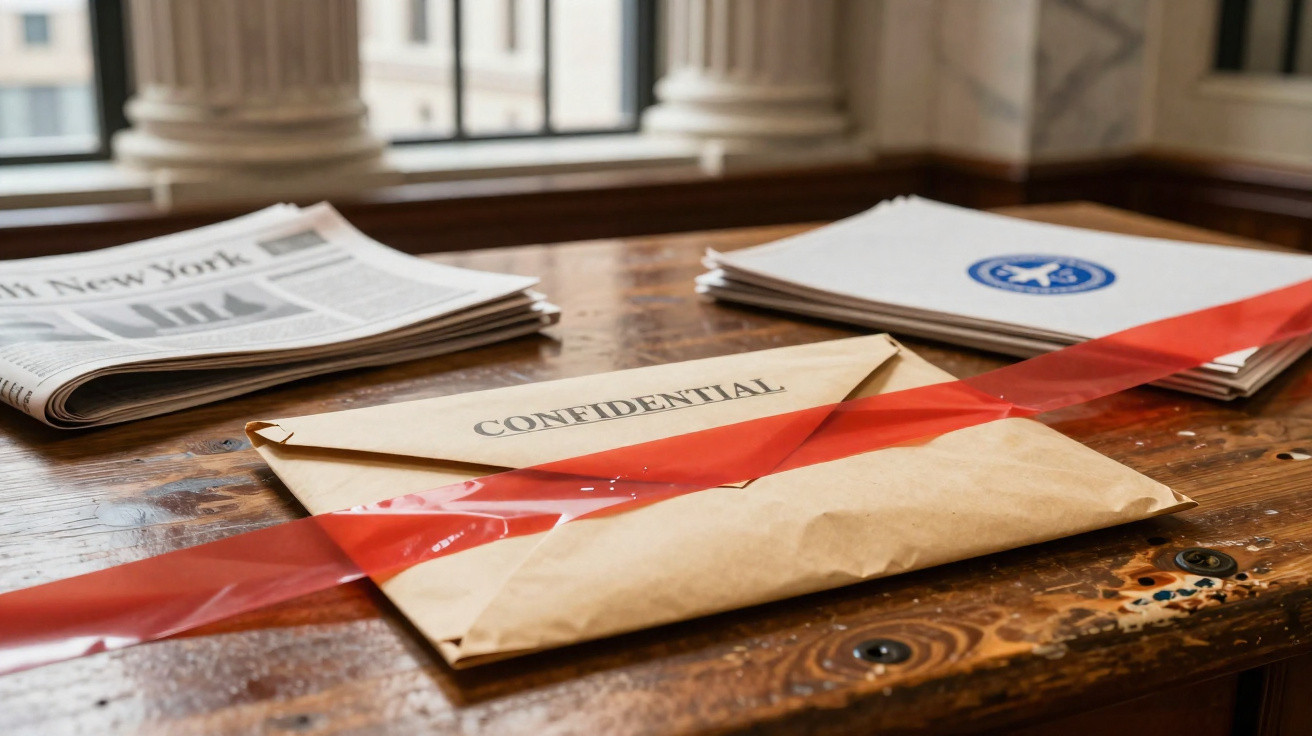 Mesa de madeira com envelopes marcados como confidenciais, jornais e fita vermelha de segurança.