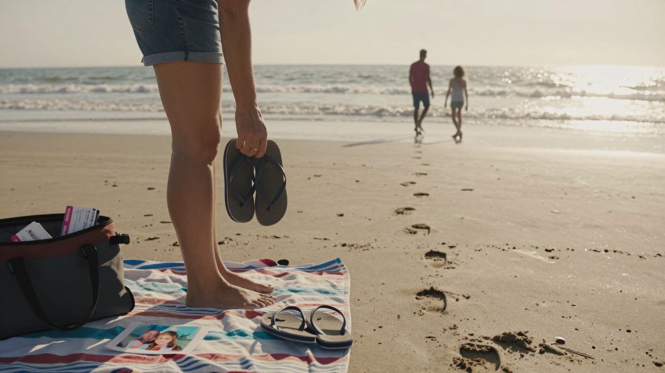 Pessoa descalça segura chinelos na praia, outras duas caminham perto do mar ao pôr do sol.