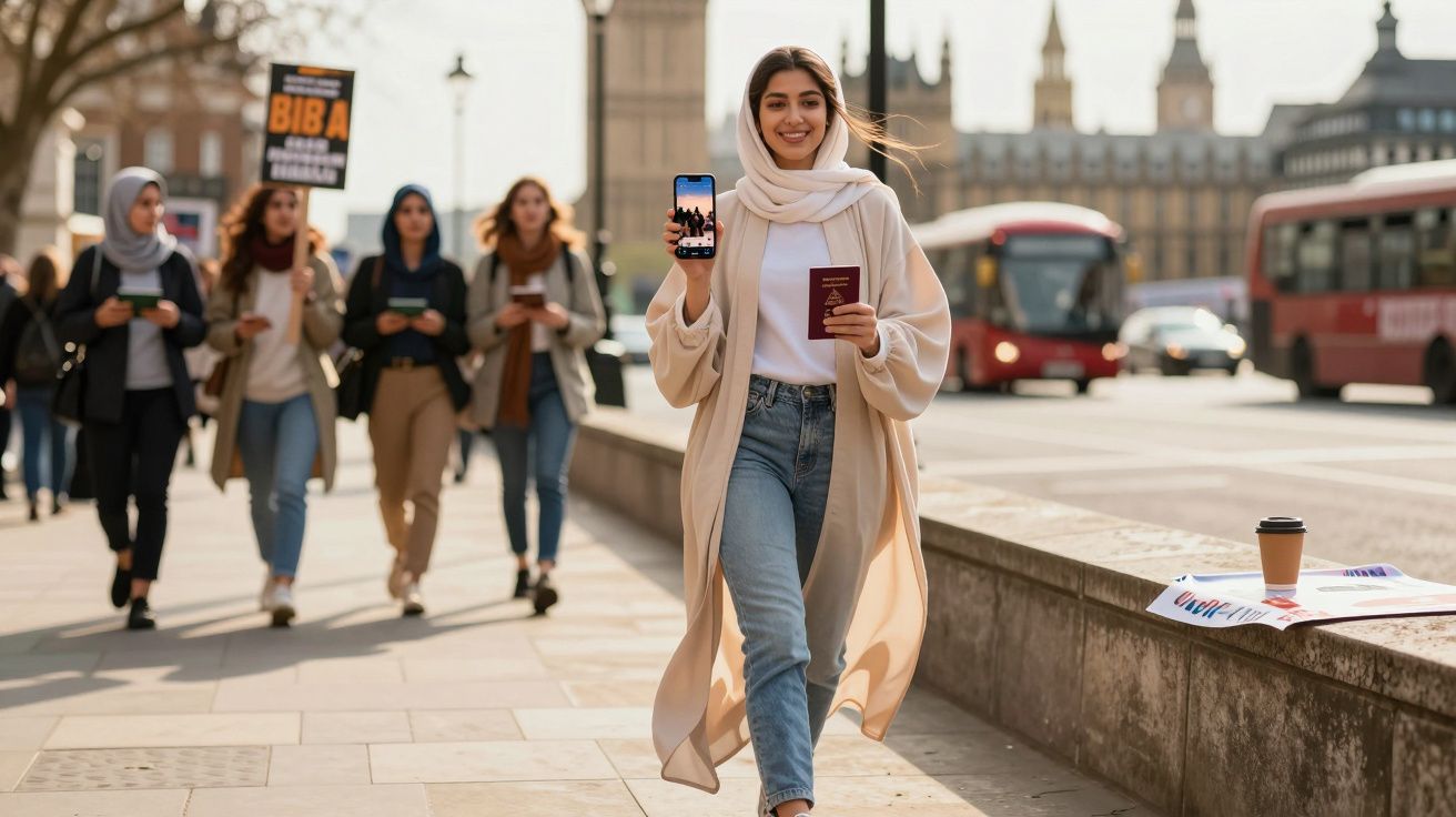 Mulher jovem com lenço na cabeça mostra passaporte e telemóvel na rua, com autocarros vermelhos e pessoas ao fundo.