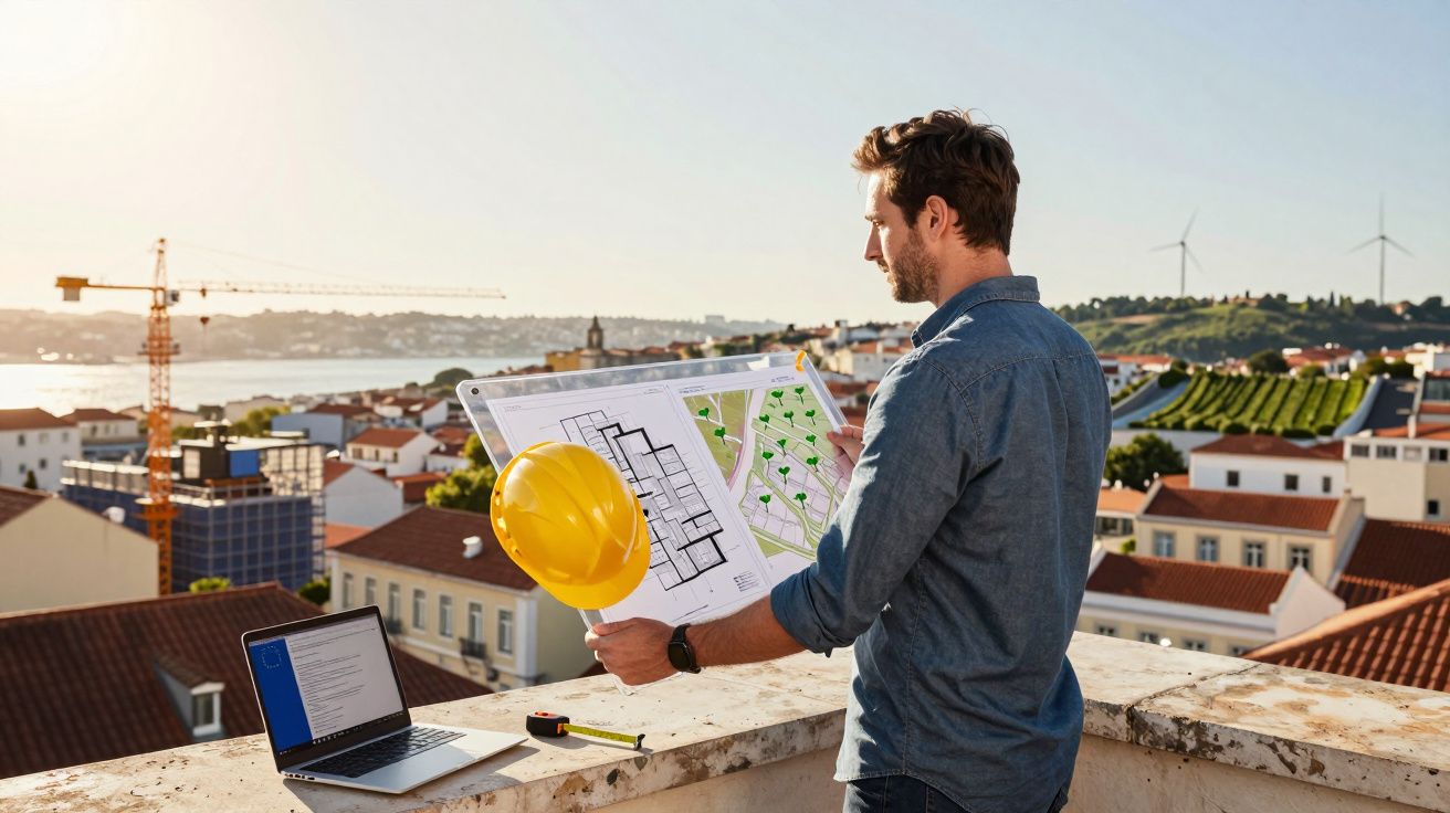 Homem com capacete amarelo na mão analisa planta de construção numa varanda com vista para uma cidade.