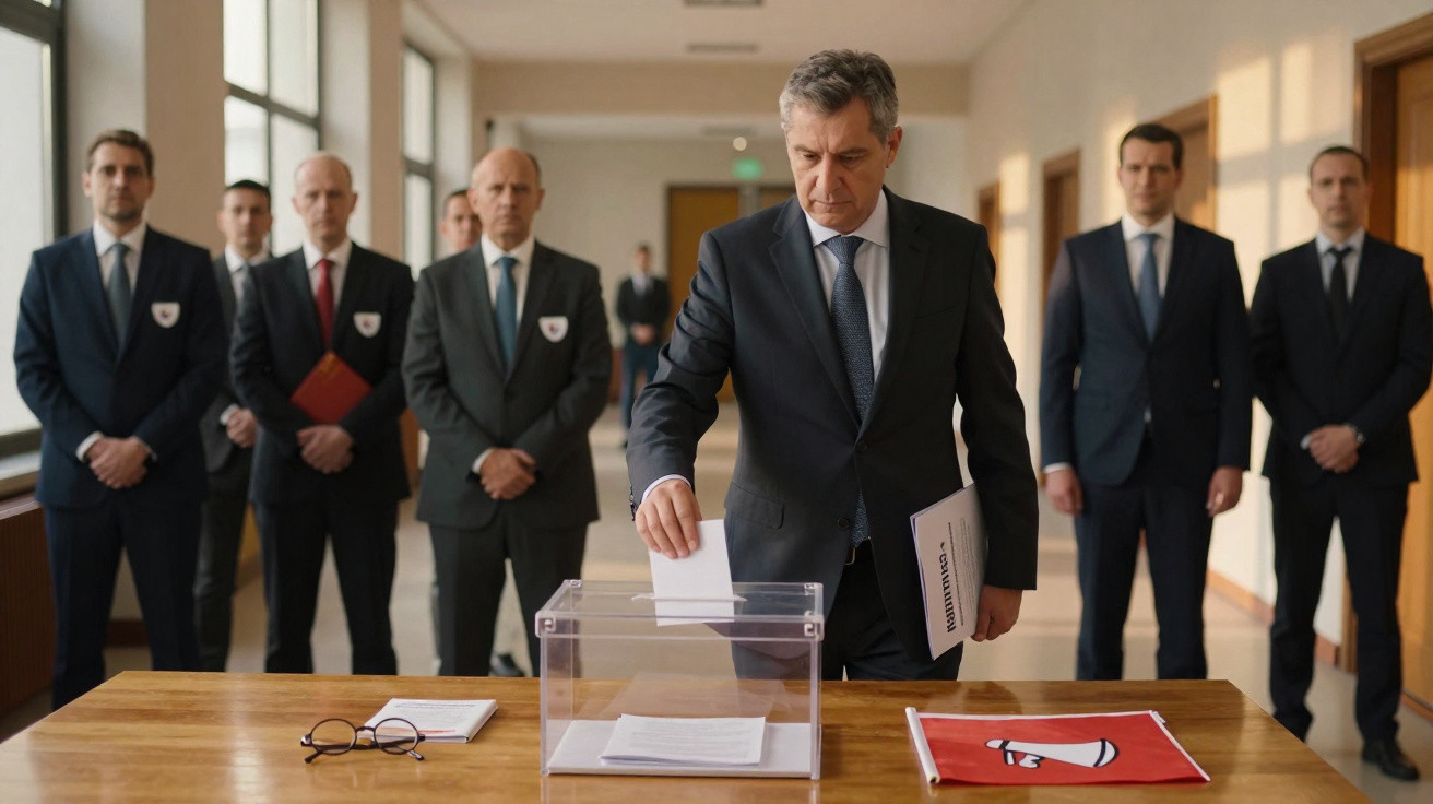 Homem de fato a votar numa urna transparente, com várias pessoas vestidas formalmente atrás dele num corredor.
