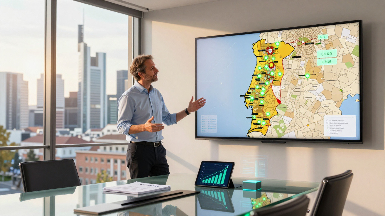 Homem apresenta dados num ecrã digital com mapa de Portugal numa sala moderna com vista urbana.
