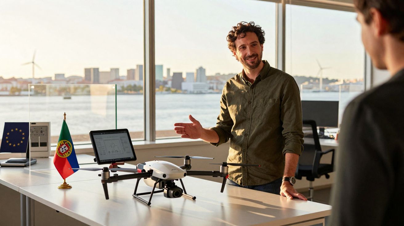 Homem apresenta drone de alta tecnologia num escritório com vista para o rio e bandeira de Portugal na mesa.