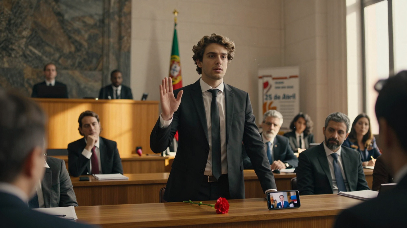Jovem em tribunal a jurar, com cravo vermelho e bandeira de Portugal ao fundo, enquanto outros assistem.