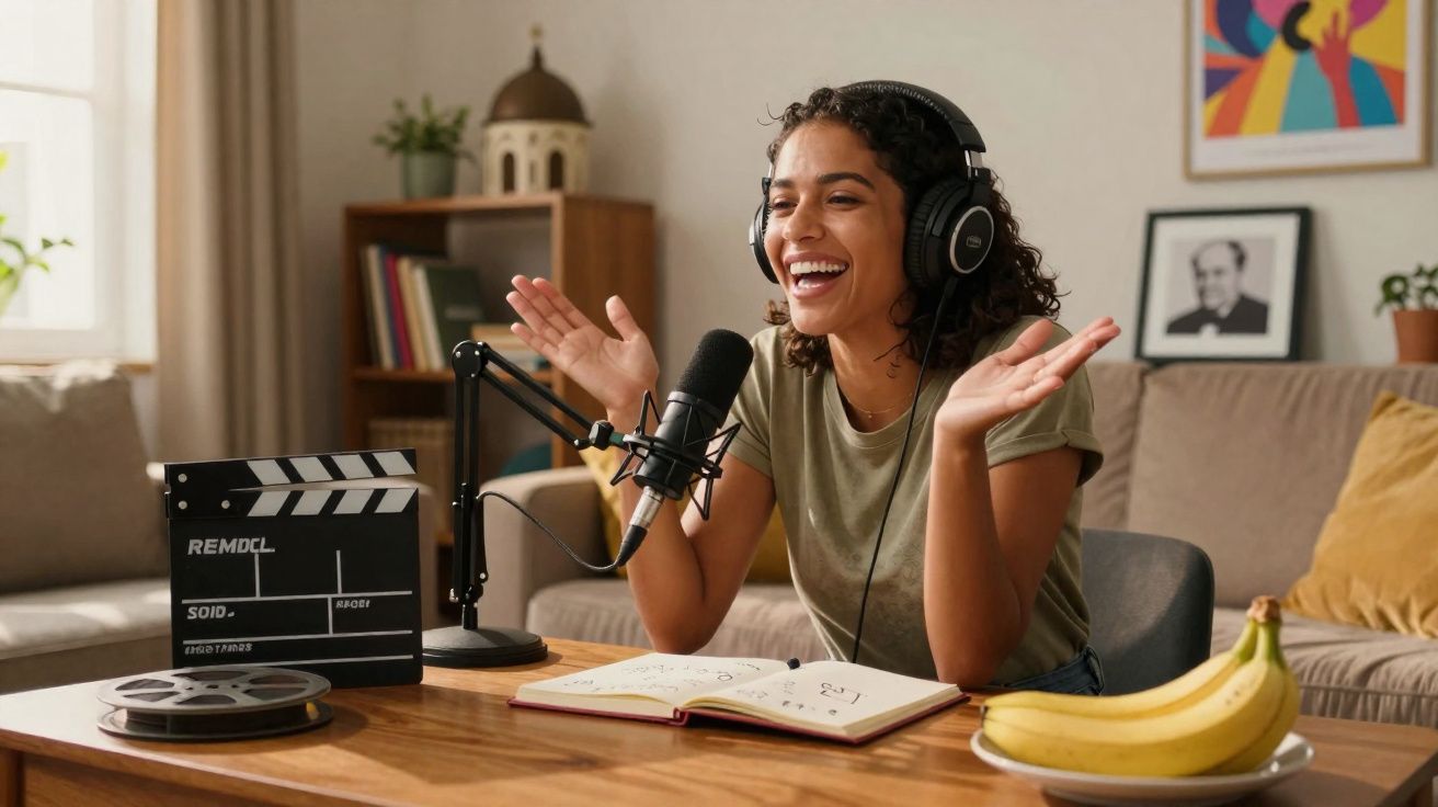 Mulher de cabelos encaracolados grava podcast em casa com microfone, auscultadores e caderno aberto sobre mesa.