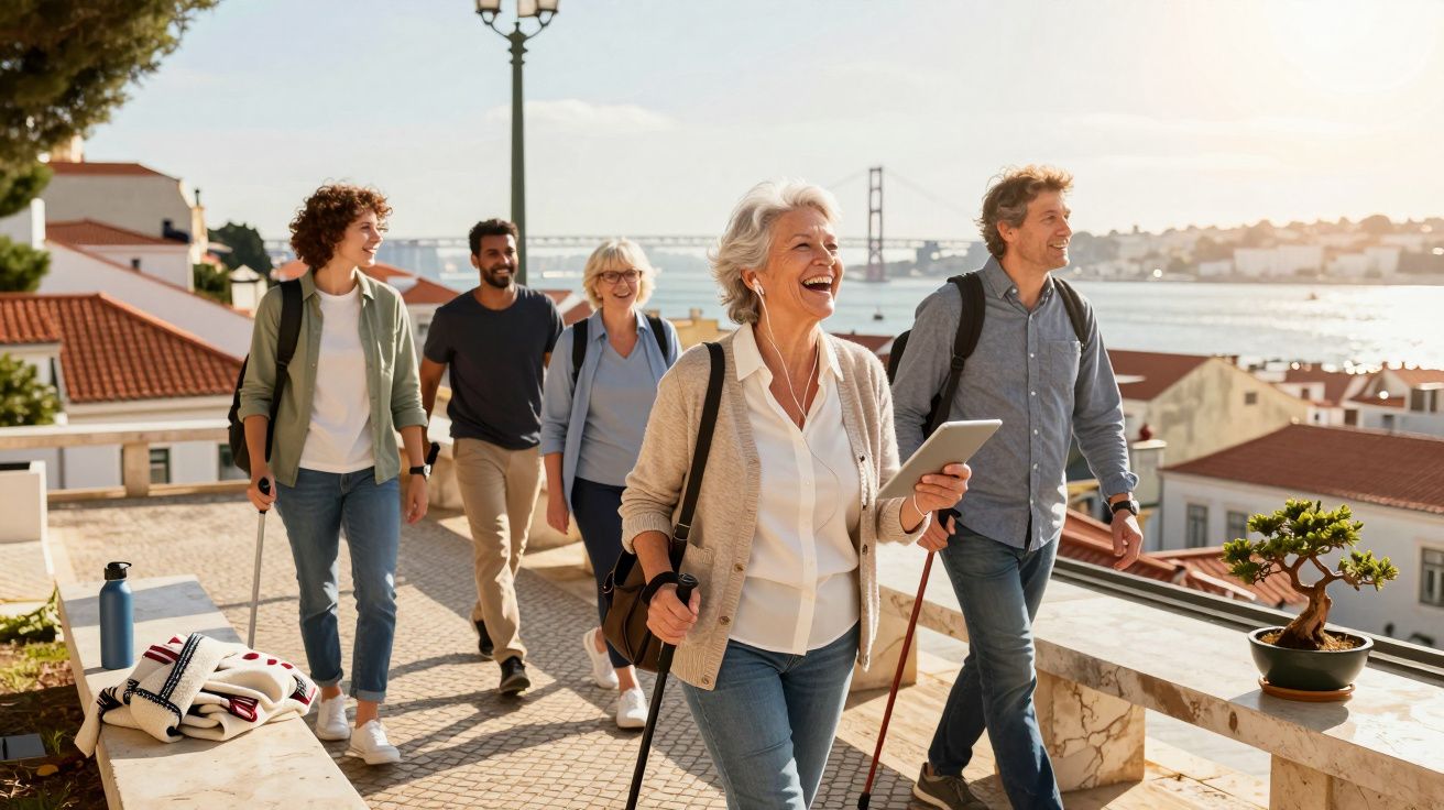 Grupo de cinco pessoas a caminhar alegremente perto de um rio com ponte e cidade ao fundo.