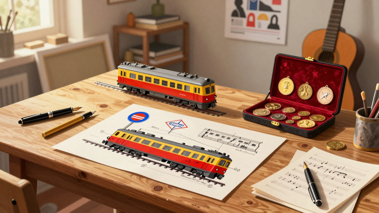 Mesa de madeira com modelo de comboio, desenhos técnicos, moedas antigas, canetas e pauta musical.