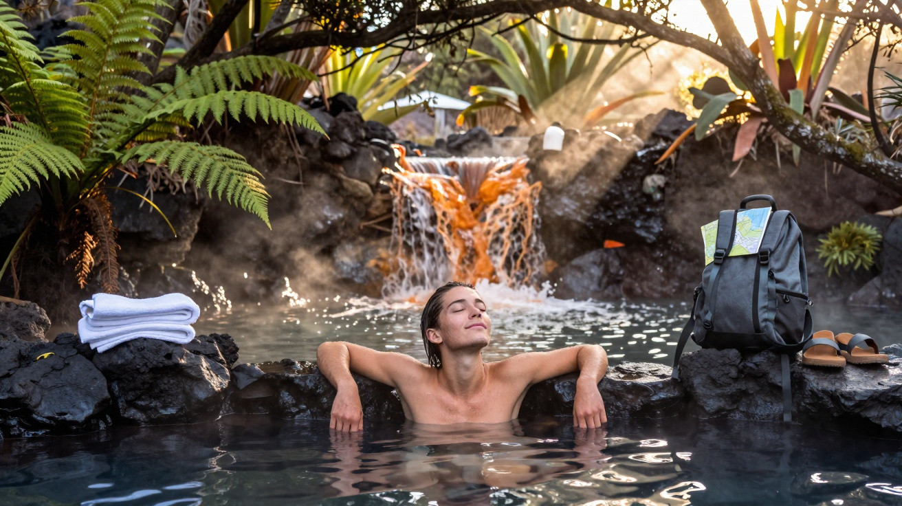 Pessoa relaxa em piscina natural com queda de água, rodeada por vegetação e pedras vulcânicas.