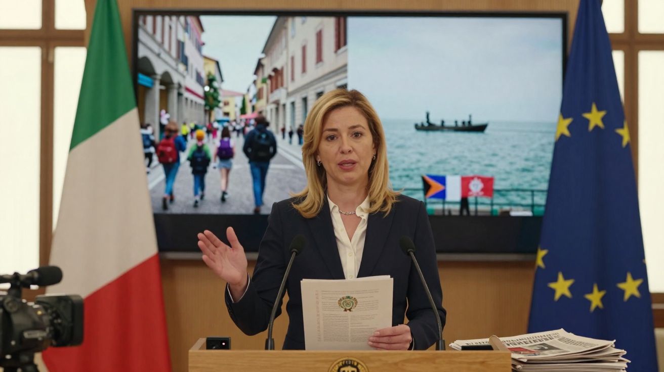 Mulher loira em discurso oficial, com bandeiras da Itália e da União Europeia ao fundo.