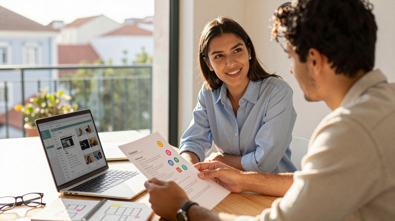Duas pessoas numa reunião de trabalho, com computador portátil e documentos numa mesa iluminada por luz natural.