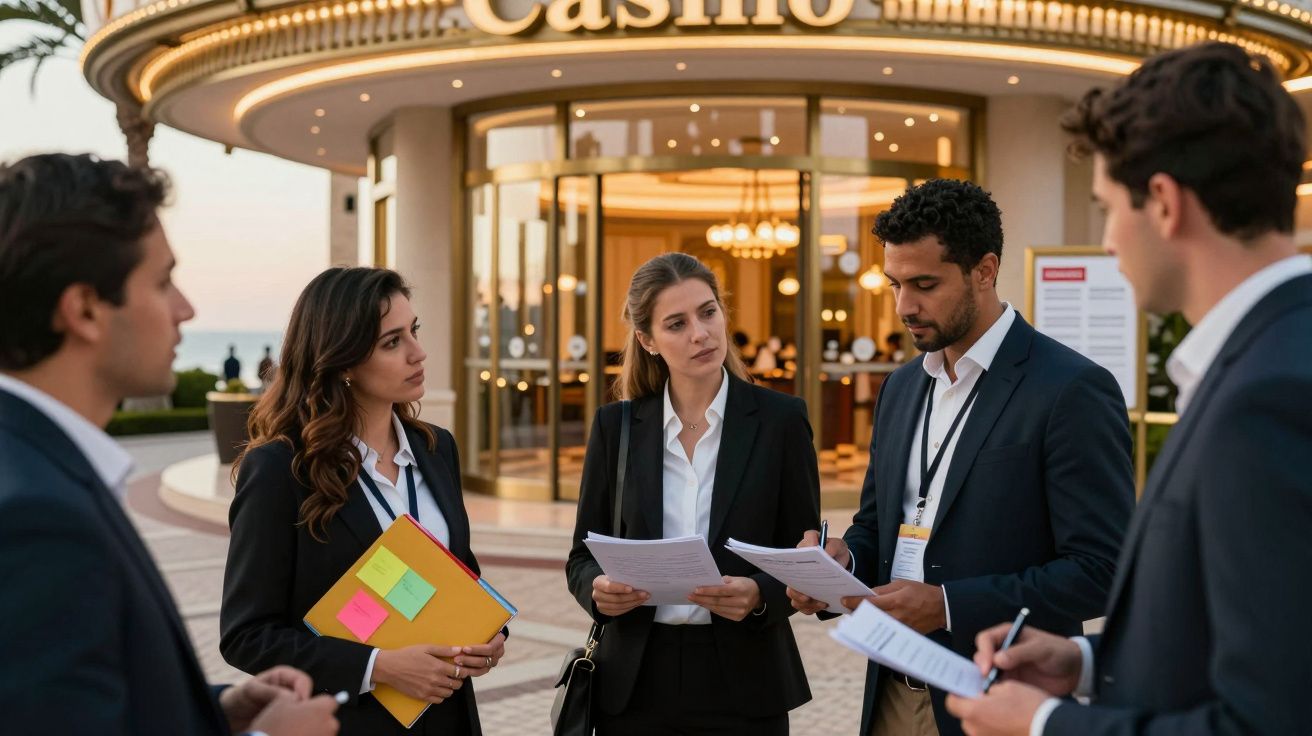 Grupo de profissionais de negócios a discutir documentos em frente a um casino elegante.
