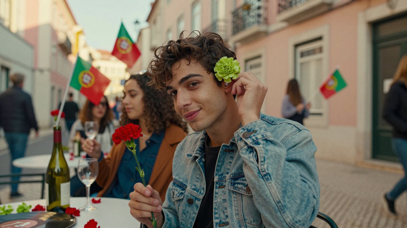 Jovem com flor verde no cabelo e cravo vermelho na mão durante evento ao ar livre com bandeiras de Portugal.