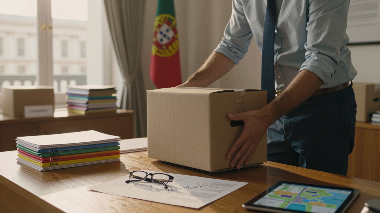 Pessoa a guardar uma caixa de papelão num escritório com bandeira de Portugal ao fundo.