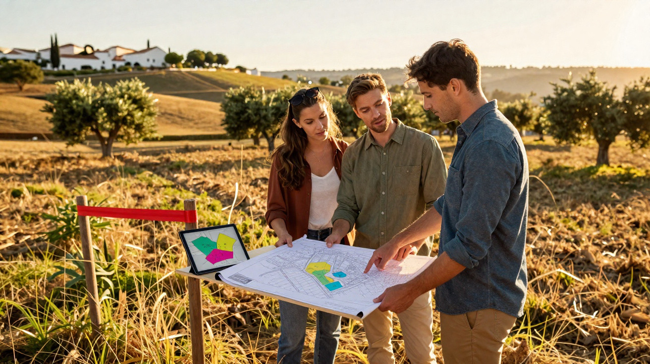 Três pessoas analisam um mapa a cores numa paisagem rural ao pôr do sol, com uma tábua e tablet ao lado.