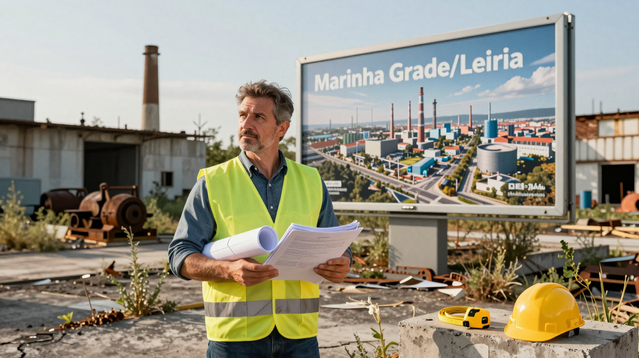 Engenheiro com colete amarelo inspeciona projeto em obra industrial junto a placa da Marinha Grade/Leiria.