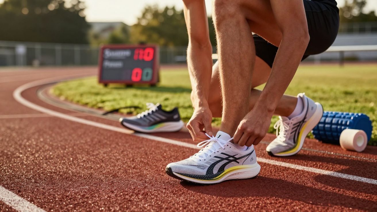 Atleta a amarrar ténis brancos numa pista de atletismo ao ar livre, com equipamento de treino ao fundo.