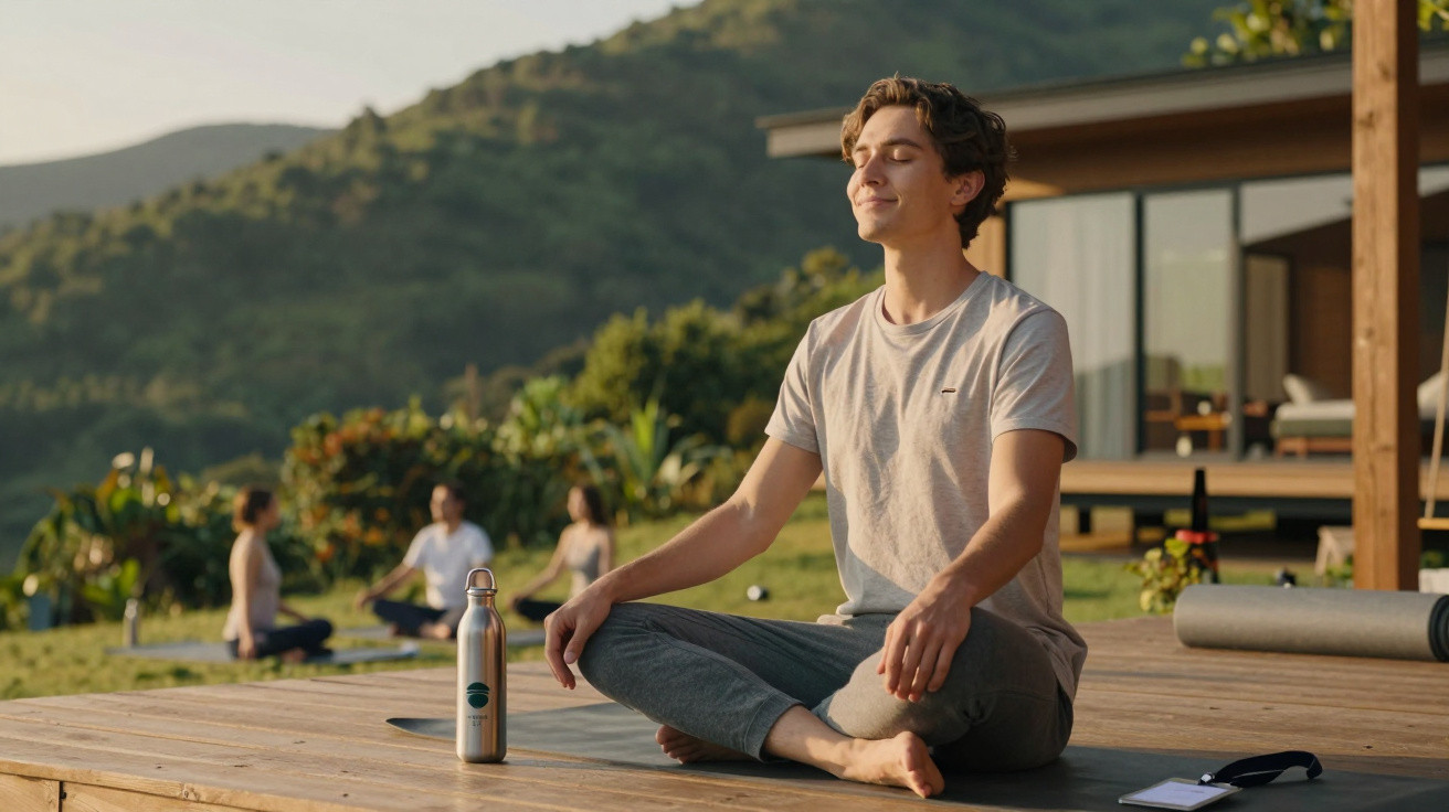 Jovem sentado de pernas cruzadas a meditar ao ar livre numa plataforma de madeira com natureza e outras pessoas ao fundo.