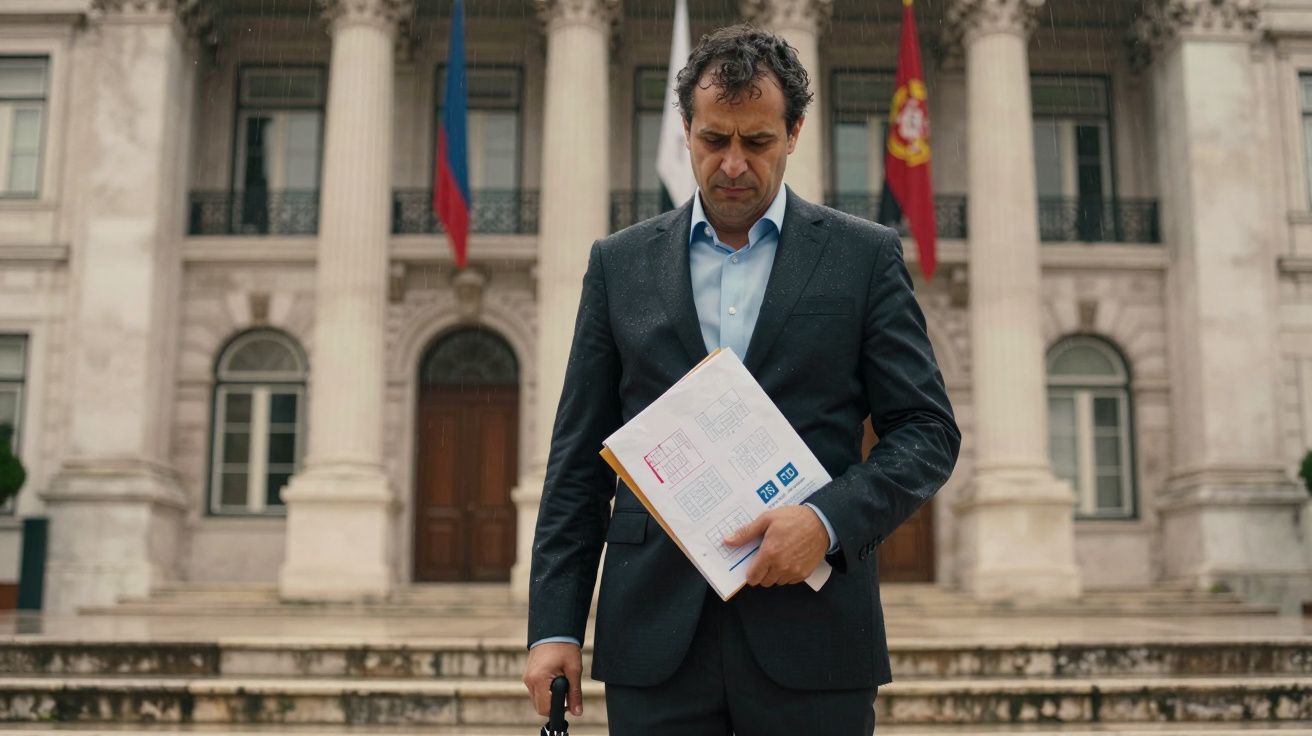 Homem de fato com documentos na mão em frente a edifício oficial com colunas e bandeiras.