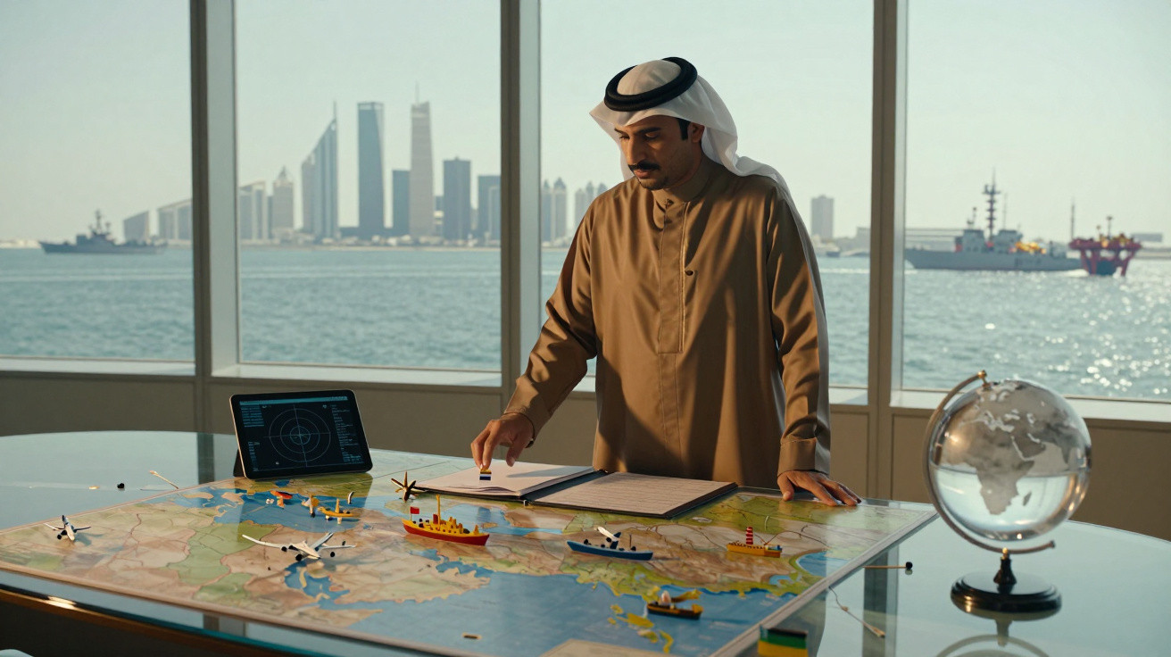 Homem árabe a analisar um mapa marítimo com miniaturas de embarcações numa sala com vista para o mar.