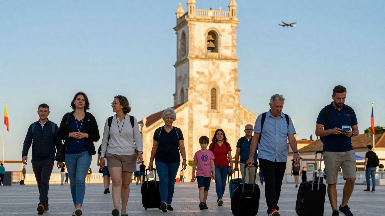 Grupo de pessoas com malas a caminhar numa praça, torre de igreja ao fundo e avião no céu.